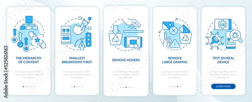 Mobile first design process blue onboarding mobile app screen. Walkthrough 5 steps editable graphic instructions with linear concepts. UI, UX, GUI template. Myriad Pro-Bold, Regular fonts used