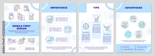 Mobile first design process turquoise brochure template. Leaflet design with linear icons. Editable 4 vector layouts for presentation, annual reports. Arial-Black, Myriad Pro-Regular fonts used