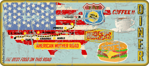 grungy american moter road diner sign and road map, retro grungy vector illustration photo