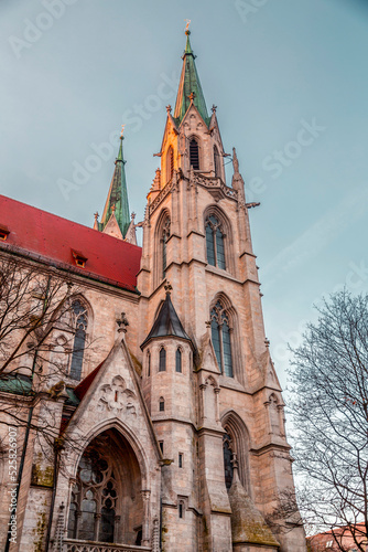 Exterior view of the ancient St. Paul's Cathedral in Munich, Germany