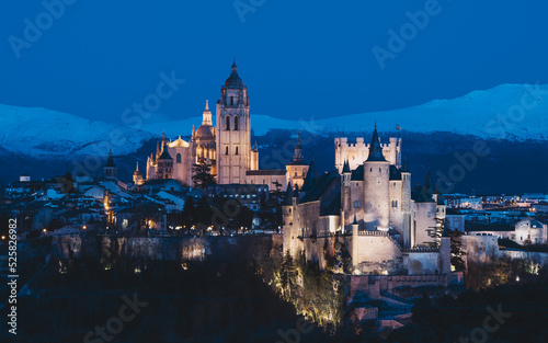 View of the Alcazar and the cathedral of Segovia in blue hour