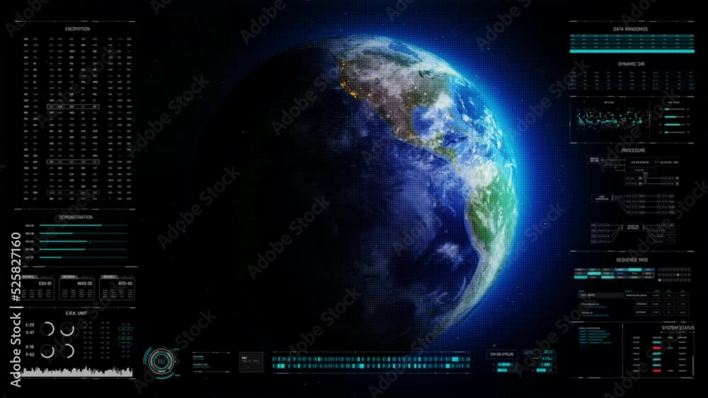 HUD head up display interface with spinning earth, Sphere globe cyber futuristic and technology concept, dot and grain background processes