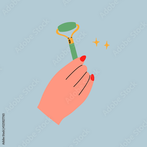 Gua Sha facial massage tools. Green jade roller, scraper and face oil.