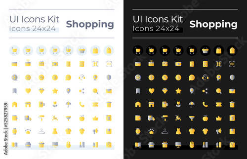 Shopping flat gradient color ui icons set for dark, light mode. Digital commerce. Online store. Vector isolated RGB pictograms. GUI, UX design for web, mobile. Montserrat Bold, Light fonts used