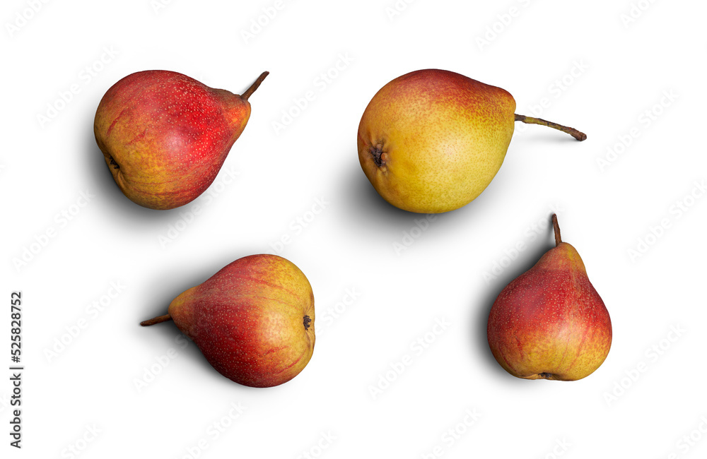 A collection of ripe juicy golden red pears isolated against a flat background.