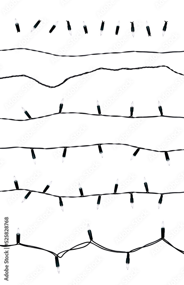 A collection of fairy light bulbs and wire, festive Christmas decorations isolated against a transparent background. Ready to be cut out and used in composite designs.
