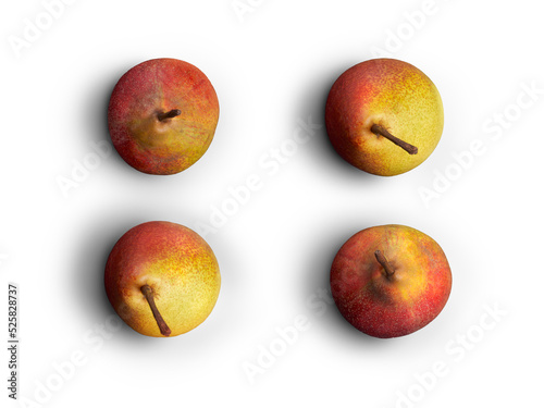 A collection of ripe juicy golden red pears isolated against a flat background.