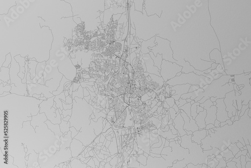 Map of the streets of Windhoek (Namibia) made with black lines on grey paper. Top view. 3d render, illustration