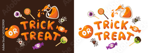 Trick or treat text. Halloween banner or party invitation background. Sweets, spiders and potions. Vector illustration