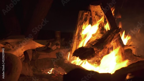 Camp fire burning in eerie dark night with animal skull, slider dolly