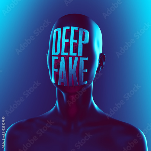 Abstract concept sculpture illustration from 3D rendering of black mat metal reflecting figure with DEEPFAKE relief word anonymous face and isolated on background in vaporwave style colors. photo