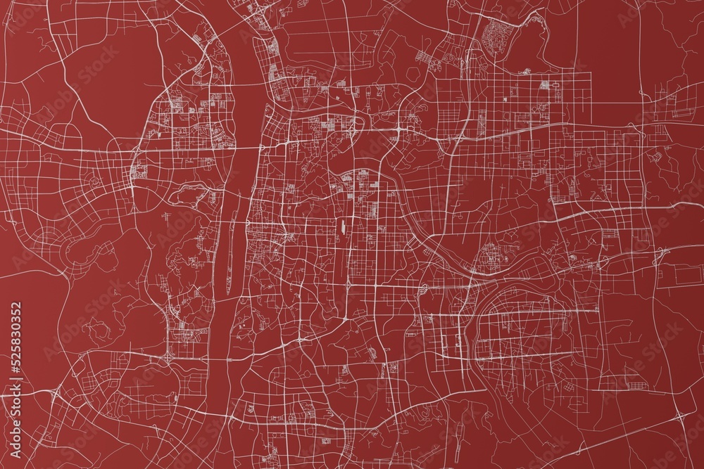 Map of the streets of Changsha (China) made with white lines on red background. Top view. 3d render, illustration