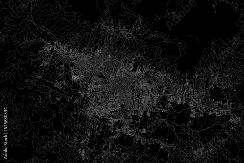 Stylized map of the streets of Bandung (Indonesia) made with white lines on black background. Top view. 3d render, illustration