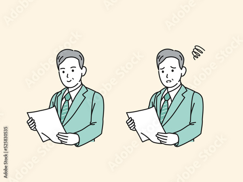 書類を確認する　スーツ姿の男性　中年　ミドル　会社員　ビジネスマン　イラスト