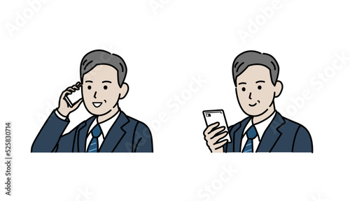 スマートフォンを使う　スーツ姿の男性　中年　ミドル　会社員　ビジネスマン　携帯電話　イラスト