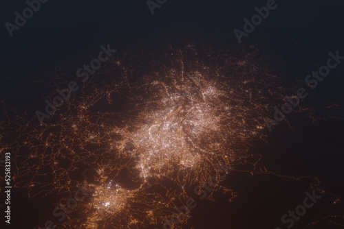 Aerial shot on San Jose (Costa Rica) at night, view from east. Imitation of satellite view on modern city with street lights and glow effect. 3d render