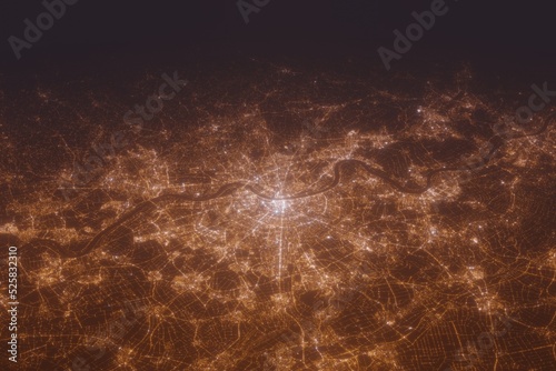 Aerial shot on Cologne (Germany) at night, view from west. Imitation of satellite view on modern city with street lights and glow effect. 3d render