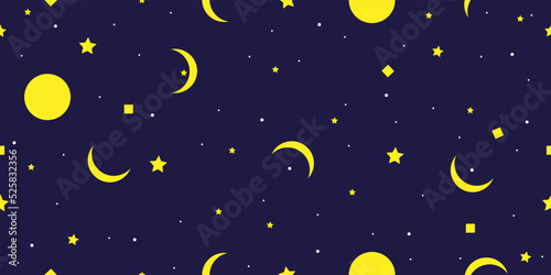 Seamless pattern of starry sky and yellow moon on blue background. Vector flat illustration © AnastasiyaCreates