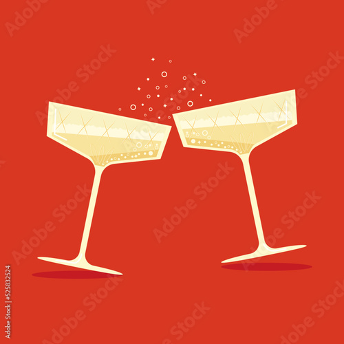 
Champagne glasses. Vector illustration of two glasses with bubbly and bubbles for holiday announcement or card design. 