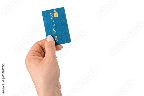 credit card in female hand with pastel manicure isolated and white background