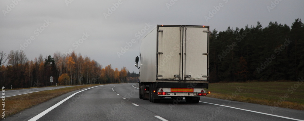 Semi truck on road in Europe on forest background at autumn morning