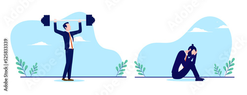 Business strength and weakness - Strong businessman and crying man, metaphor for success and defeat. Flat design vector illustration with white background photo