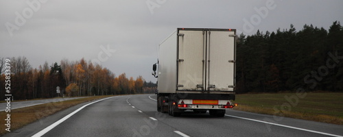 Semi truck on road in Europe on forest background at autumn morning