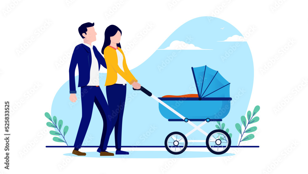 Parents with baby pram - Man and woman walking with little boy stroller outdoors. Flat design vector illustration with white background Parents with baby pram - Man and woman walking with little boy stroller outdoors. Flat design vector illustration with white background