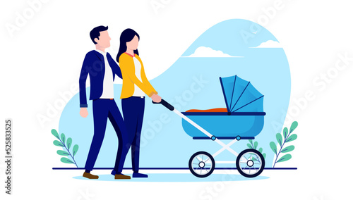 Parents with baby pram - Man and woman walking with little boy stroller outdoors. Flat design vector illustration with white background
