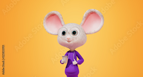 Cartoon character holding a cup of coffee, 3d render. Cartoon mouse hold paper coffee cup and shows a thumbs up.