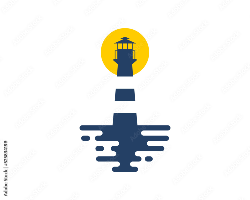 Lighthouse silhouette with beach wave and sunset
