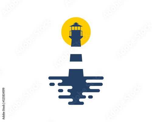 Lighthouse silhouette with beach wave and sunset