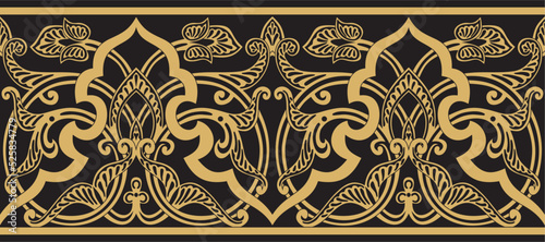 Vector seamless golden oriental ornament. Endless Arabic patterned border, frame. Persian painting..