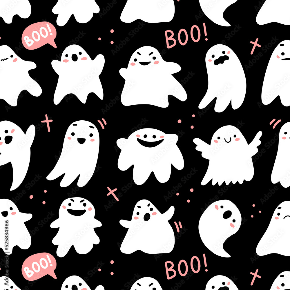 Pattern with cute ghosts and lettering in cute cartoon doodle style on a black background. Illustration background for halloween. Pattern with cute ghosts and lettering in cute cartoon doodle style on a black background. Illustration background for halloween.