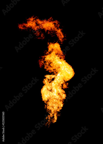 Bright isolated flame, fire pillar on black