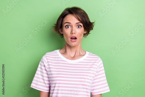 Photo of impressed bob hairdo millennial lady wear white striped t-shirt isolated on green color background