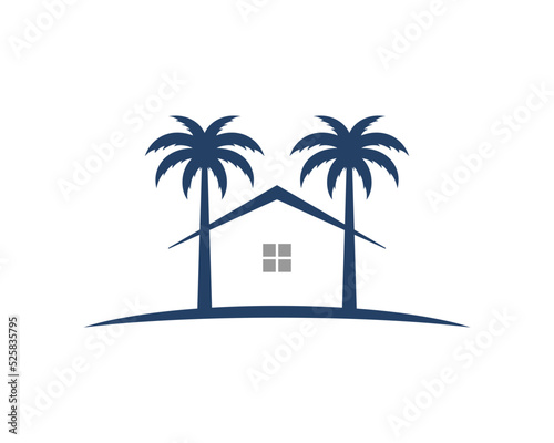 Two palm tree with simple house inside