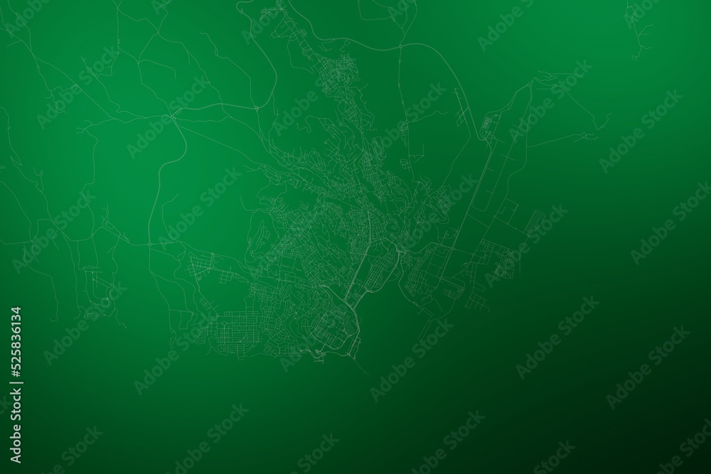 Map of the streets of Praia (Cape Verde) made with white lines on abstract green background lit by two lights. Top view. 3d render, illustration