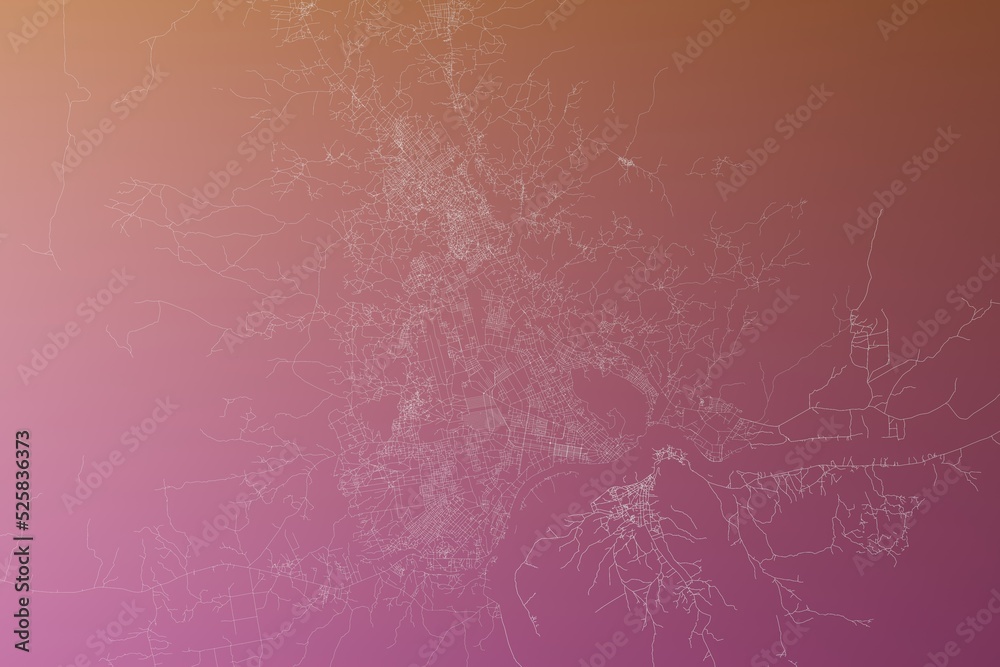 Map of the streets of Bangui (Central African Republic) made with white lines on pinkish red gradient background. Top view. 3d render, illustration Map of the streets of Bangui (Central African Republic) made with white lines on pinkish red gradient background. Top view. 3d render, illustration