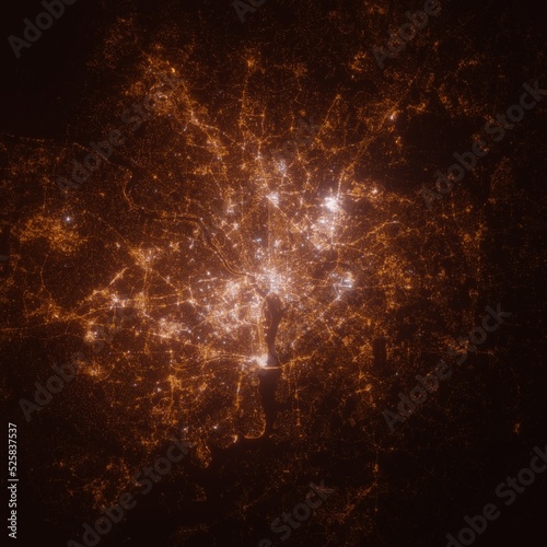 Washington (DC, USA) street lights map. Satellite view on modern city at night. Imitation of aerial view on roads network. 3d render