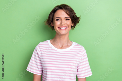 Canvastavla Photo of cute bob hairdo millennial lady wear white striped t-shirt isolated on