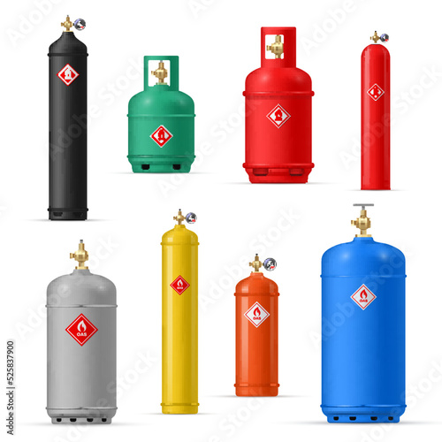 Propane tanks compressed oxygen dangerous gas cylinder set realistic vector illustration