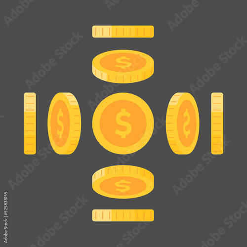 Gold coins dollars in different projections (view from different sides)