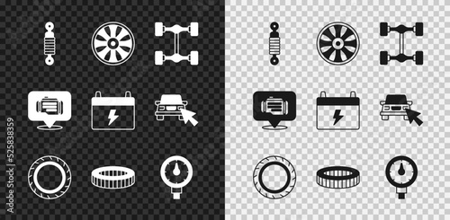 Set Shock absorber, Alloy wheel for car, Chassis, Car tire, air filter, Tire pressure gauge, Check engine and battery icon. Vector