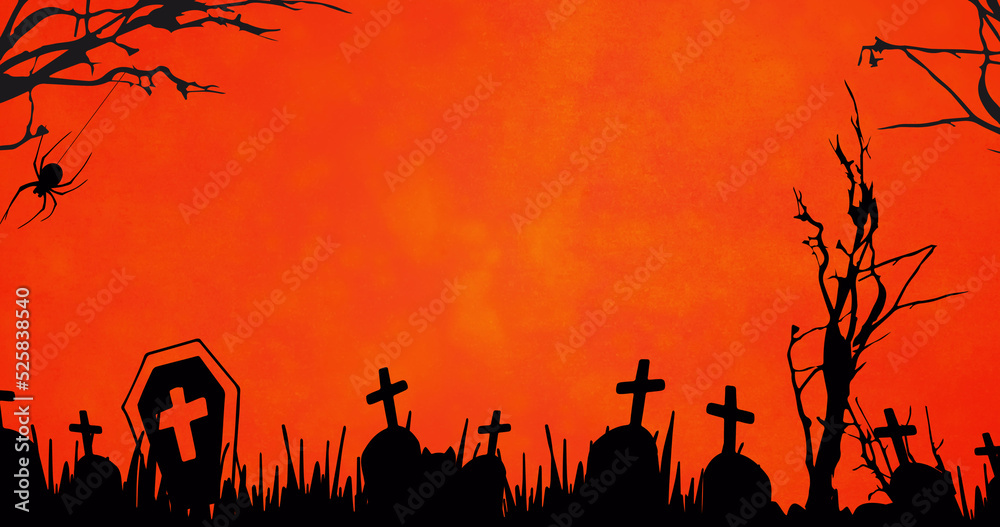 Image of spiders and halloween cemetery on orange background
