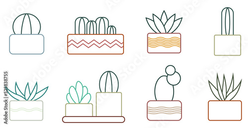 Simple plants with leaves in pots. Houseplants icon set