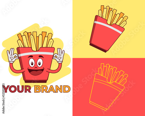 French fries in red packaging cartoon character laughing, fast food concept logo