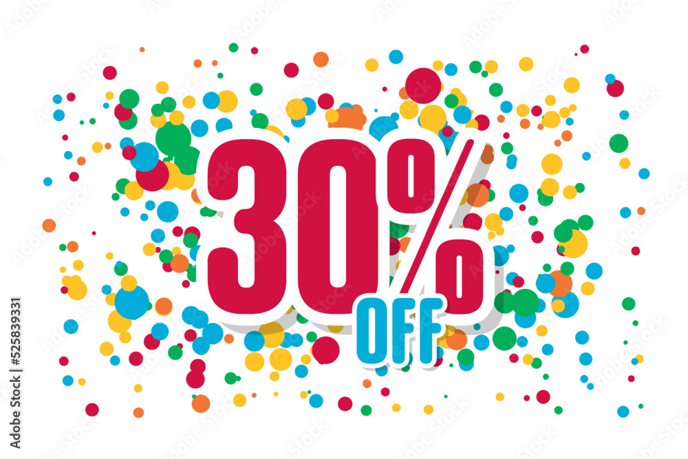 Red inscription discount 30 off on the background of confetti. Price labele sale promotion market. special template