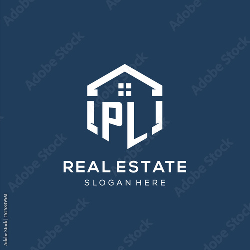 Letter PL logo for real estate with hexagon style