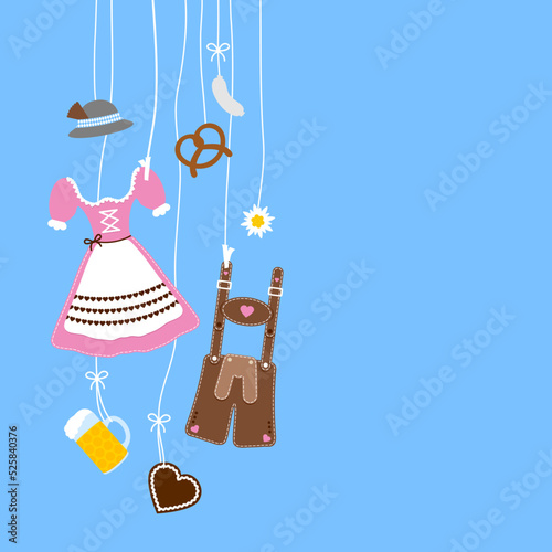 Links Hängende Oktoberfest Symbole Hut Rosa Braun Blauer Hintergrund